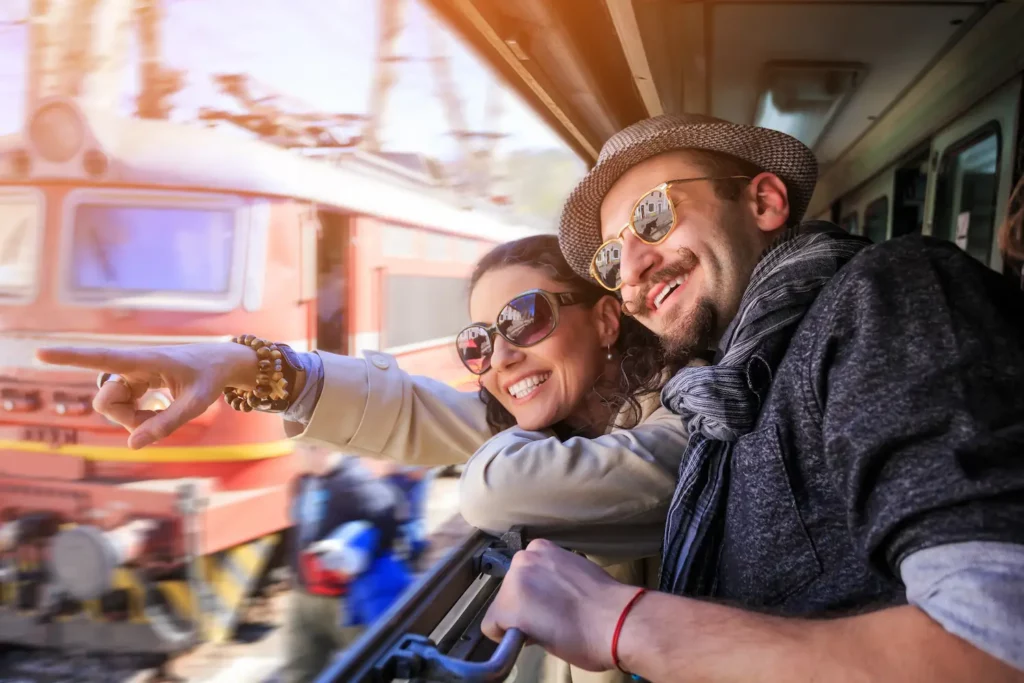 Couple traveling by train